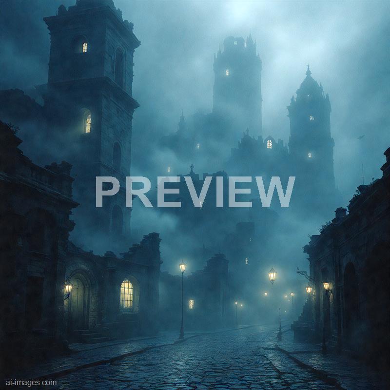 The image depicts a dark, foggy street scene with cobblestone pavement, illuminated by vintage-style street lamps. Tall, ominous buildings with illuminated windows rise into the misty sky, and in the background, there are towering, castle-like structures shrouded in fog, creating an eerie and mysterious atmosphere. The overall tone is moody and gothic, emphasizing the sense of an old, haunted cityscape at night.